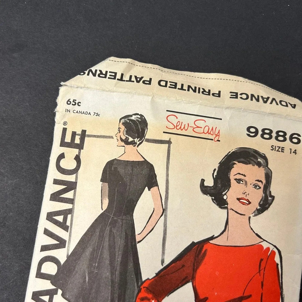 Vintage 60's Advance 9886 Sewing Pattern Misses Size 14 Fit and Flare Dress